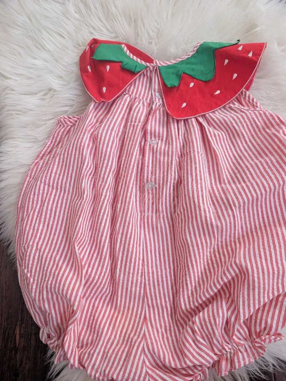Vintage 90s 1990s Red Strawberry Appliqué Striped One-Piece Romper 4T